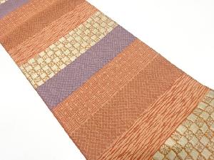 未使用品　変わり織　横段に疋田・市松・花模様織り出し　袋帯